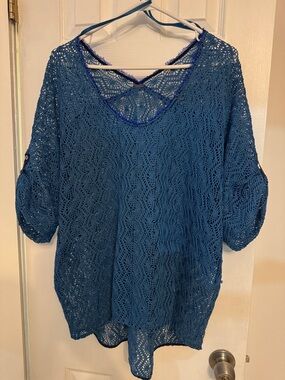 Elie Tahari Deep Teal Open-Knit Pullover hi-lo style